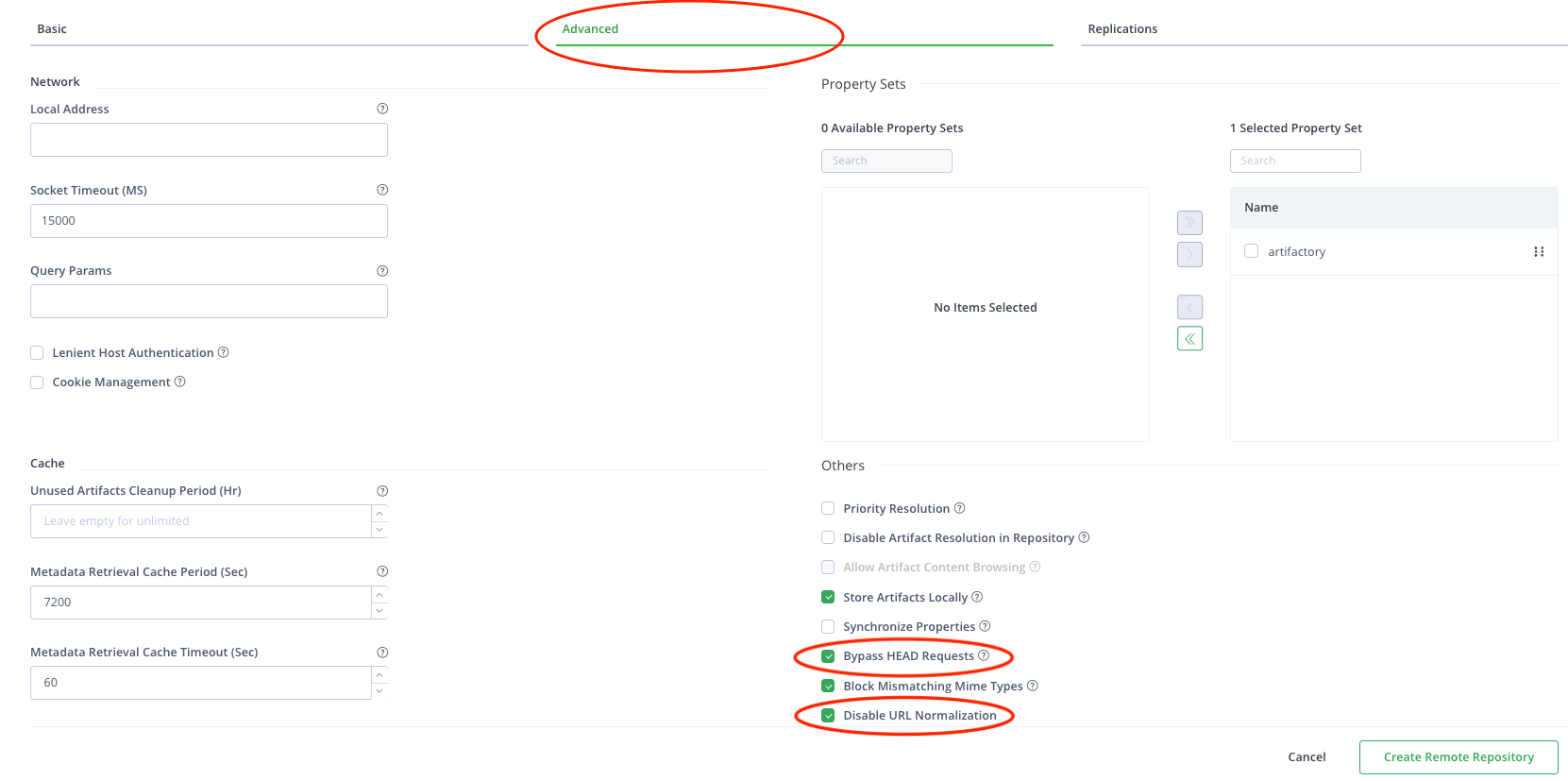 JFrog Artifactory Advanced tab configuration form for the Maven remote repository showing Bypass HEAD Requests and Disable URL Normalization checkboxes