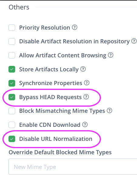 Completed JFrog Artifactory Advanced tab configuration for RubyGems remote repository showing Bypass HEAD Requests and Disable URL Normalization options checked