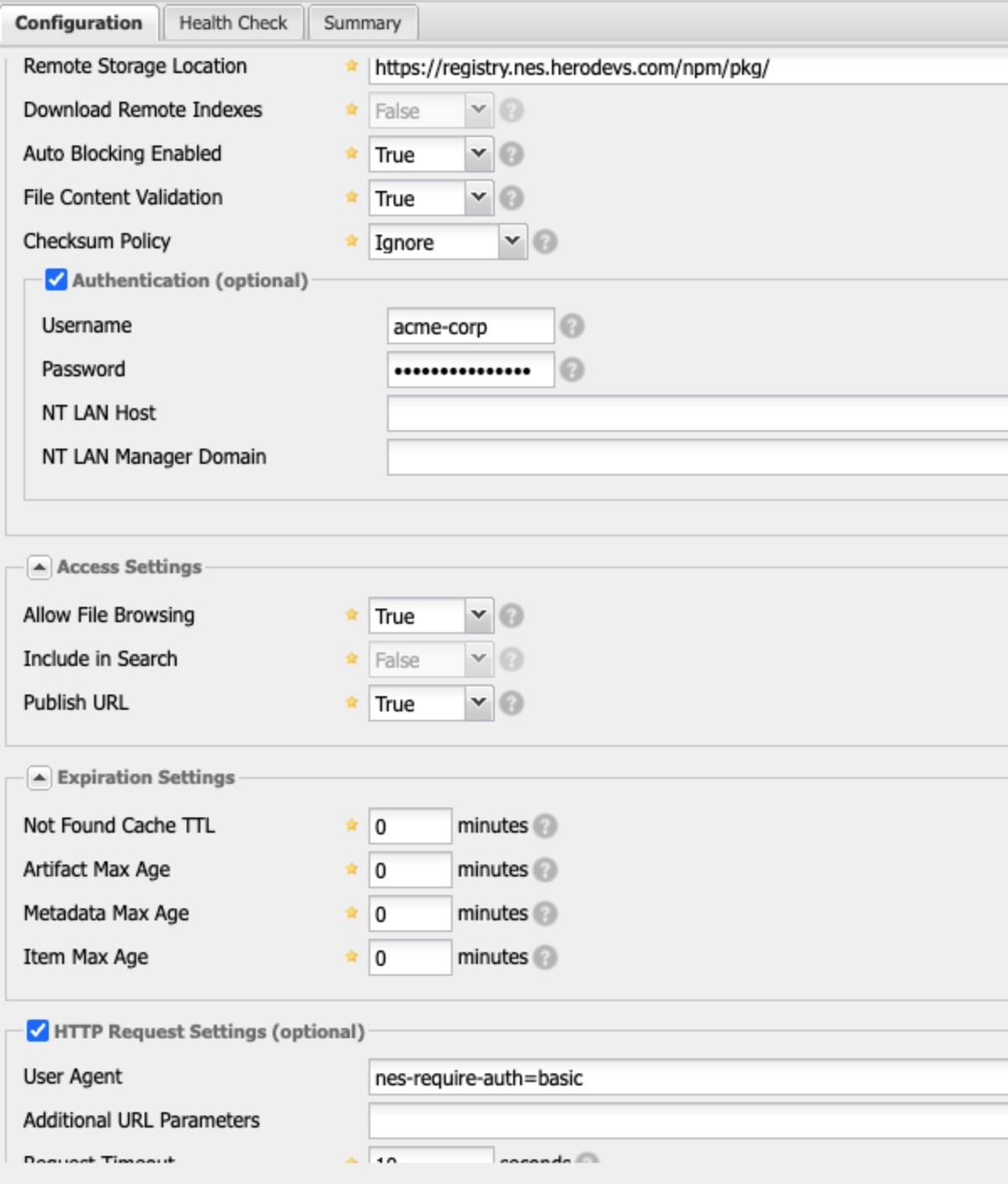 Sonatype Nexus 2 repository configuration showing HTTP Request Settings with User Agent field containing nes-require-auth=basic and authentication credentials configured