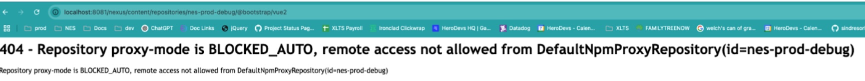 Sonatype Nexus 2 error page showing authentication failure with blocked_auto status when authentication is required but not provided